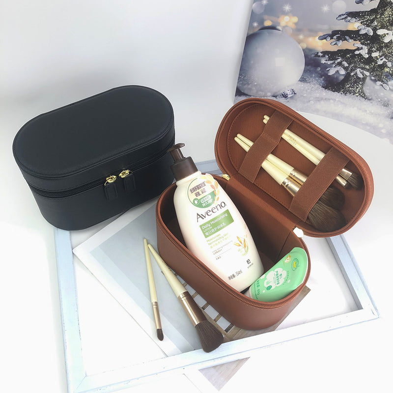 Beige Elegant PU Leather Makeup & Toiletry Bag with Brush Holder