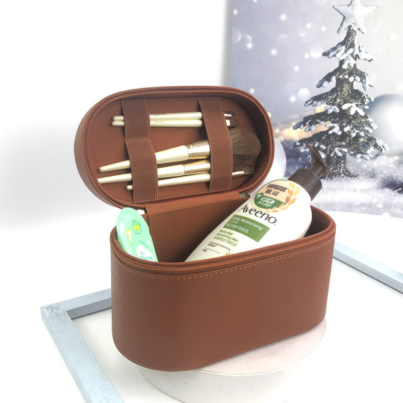 Beige Elegant PU Leather Makeup & Toiletry Bag with Brush Holder