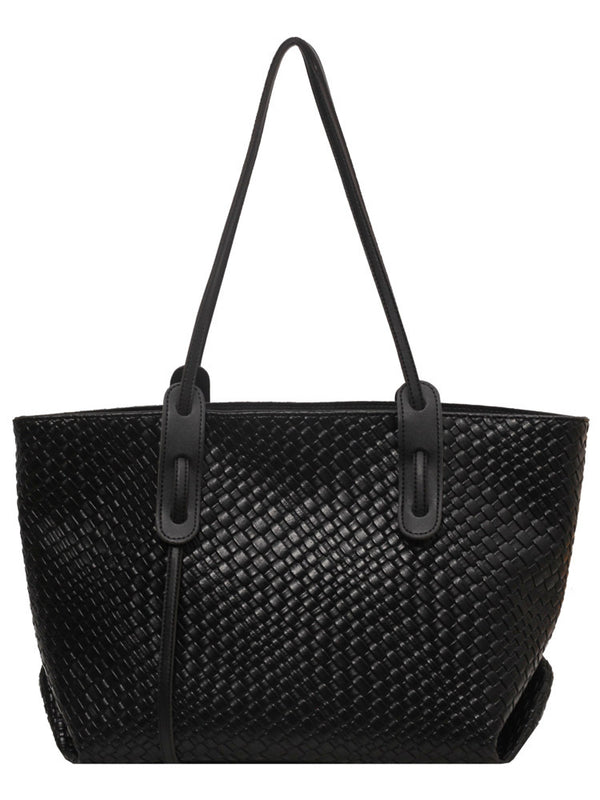 Black Chic Woven PU Leather Tote Bag - Large Capacity