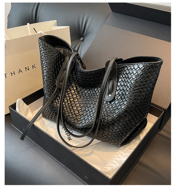 Black Chic Woven PU Leather Tote Bag - Large Capacity