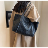 Black Chic Woven PU Leather Tote Bag - Large Capacity