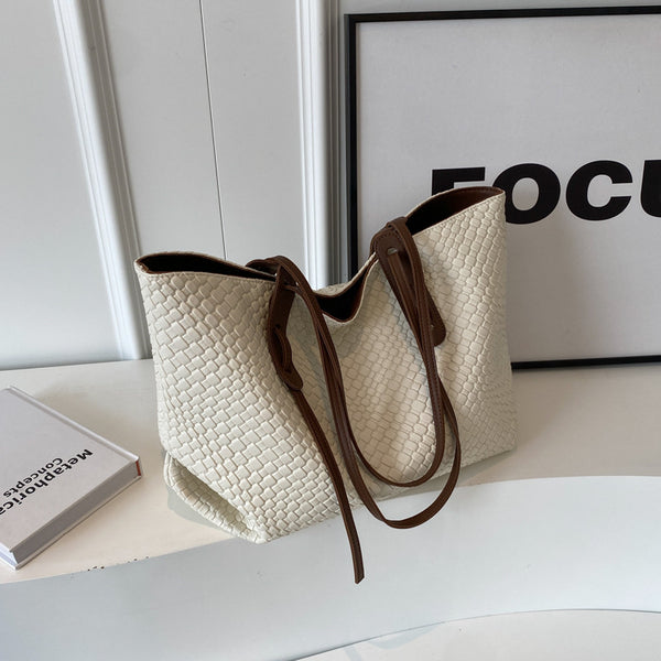 Beige and Brown Chic Woven PU Leather Tote Bag - Large Capacity
