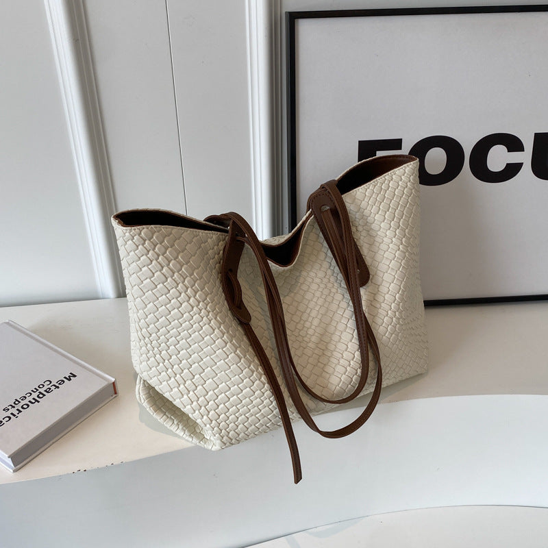 Beige and Brown Chic Woven PU Leather Tote Bag - Large Capacity
