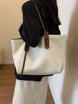 Beige and Brown Chic Woven PU Leather Tote Bag - Large Capacity