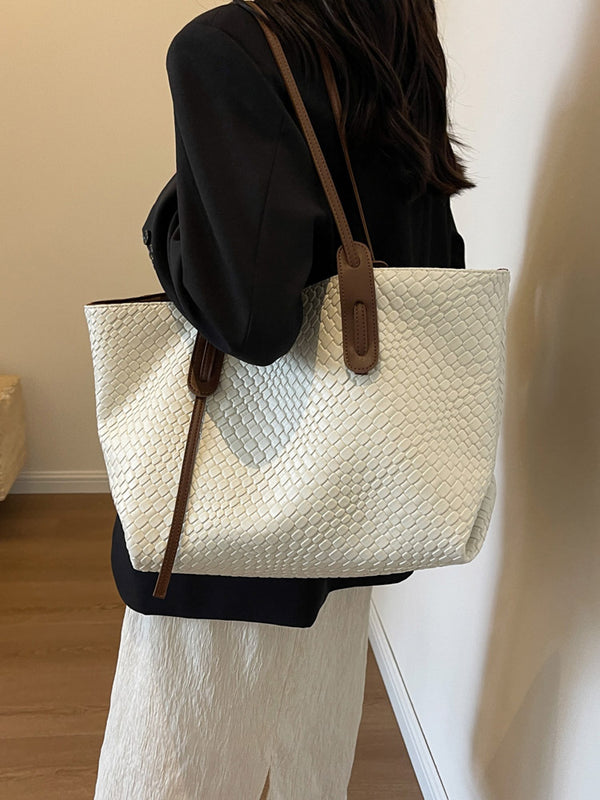 Beige and Brown Chic Woven PU Leather Tote Bag - Large Capacity