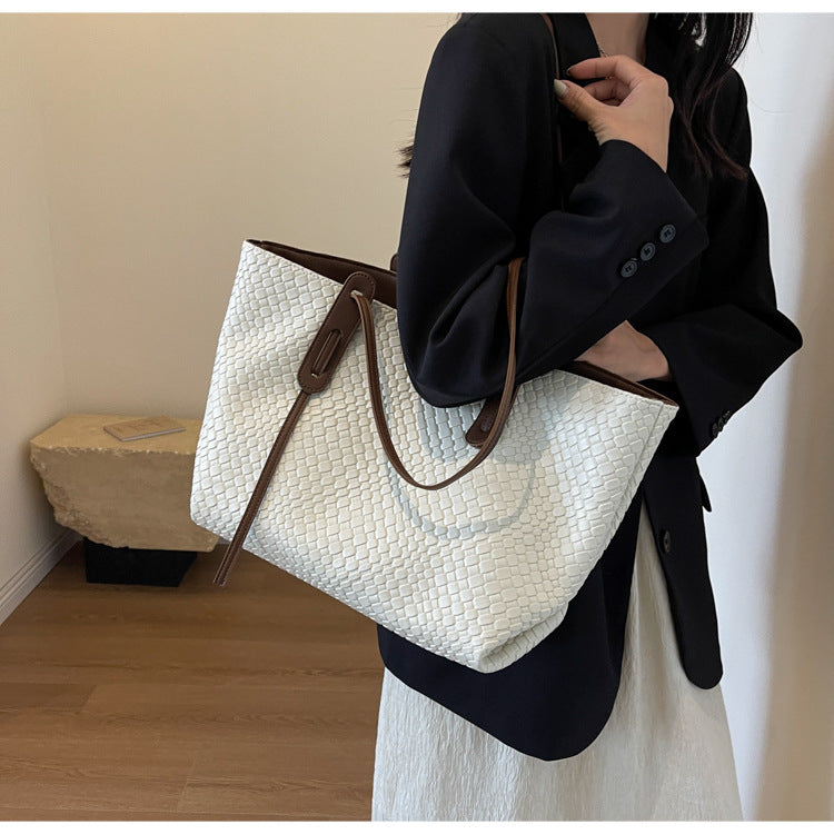 Beige and Brown Chic Woven PU Leather Tote Bag - Large Capacity