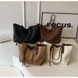 Beige and Brown Chic Woven PU Leather Tote Bag - Large Capacity