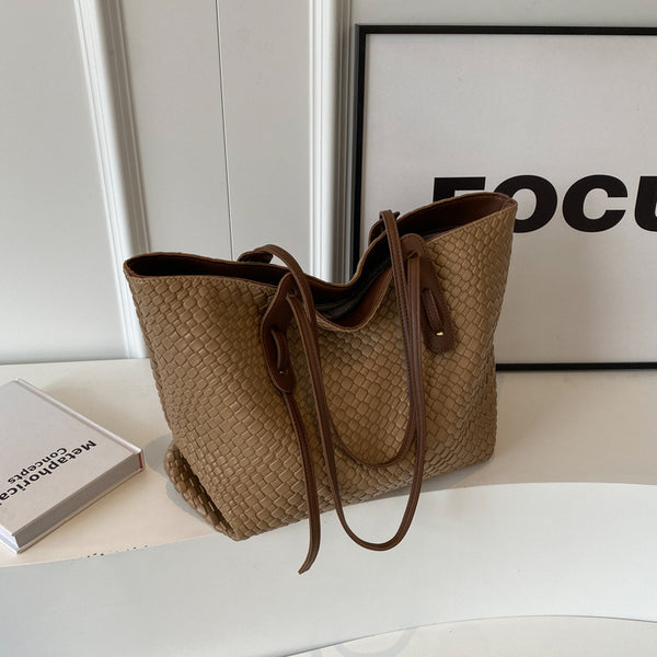 Khaki and Brown Chic Woven PU Leather Tote Bag - Large Capacity