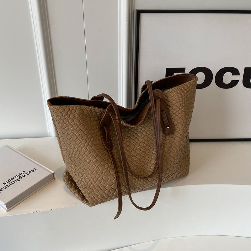 Khaki and Brown Chic Woven PU Leather Tote Bag - Large Capacity