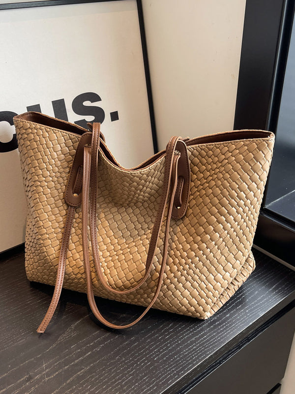 Khaki and Brown Chic Woven PU Leather Tote Bag - Large Capacity
