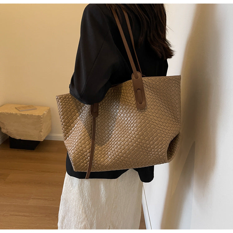 Khaki and Brown Chic Woven PU Leather Tote Bag - Large Capacity