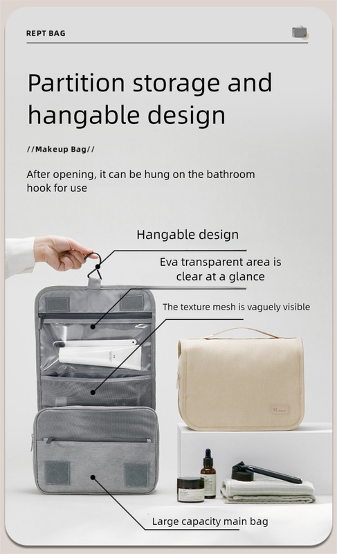 Eco-Friendly RPET Hanging Toiletry Cosmetic Bag - Large Capacity Waterproof - Grey