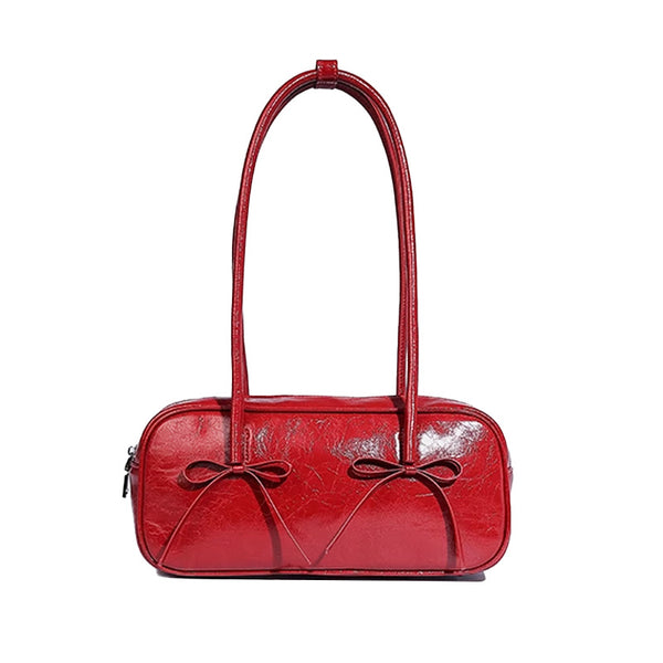 Red Chic PU Leather Baguette Shoulder Bag - Elegant Bow Accent