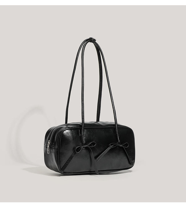 Black Chic PU Leather Baguette Shoulder Bag - Elegant Bow Accent