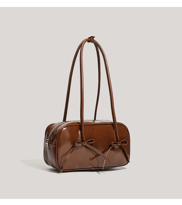 Coffee Chic PU Leather Baguette Shoulder Bag - Elegant Bow Accent