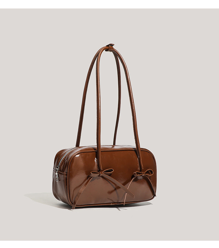 Coffee Chic PU Leather Baguette Shoulder Bag - Elegant Bow Accent