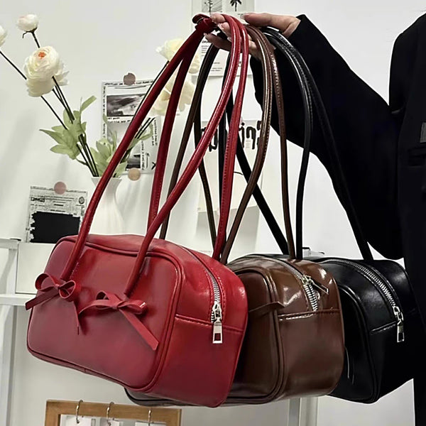 Coffee Chic PU Leather Baguette Shoulder Bag - Elegant Bow Accent