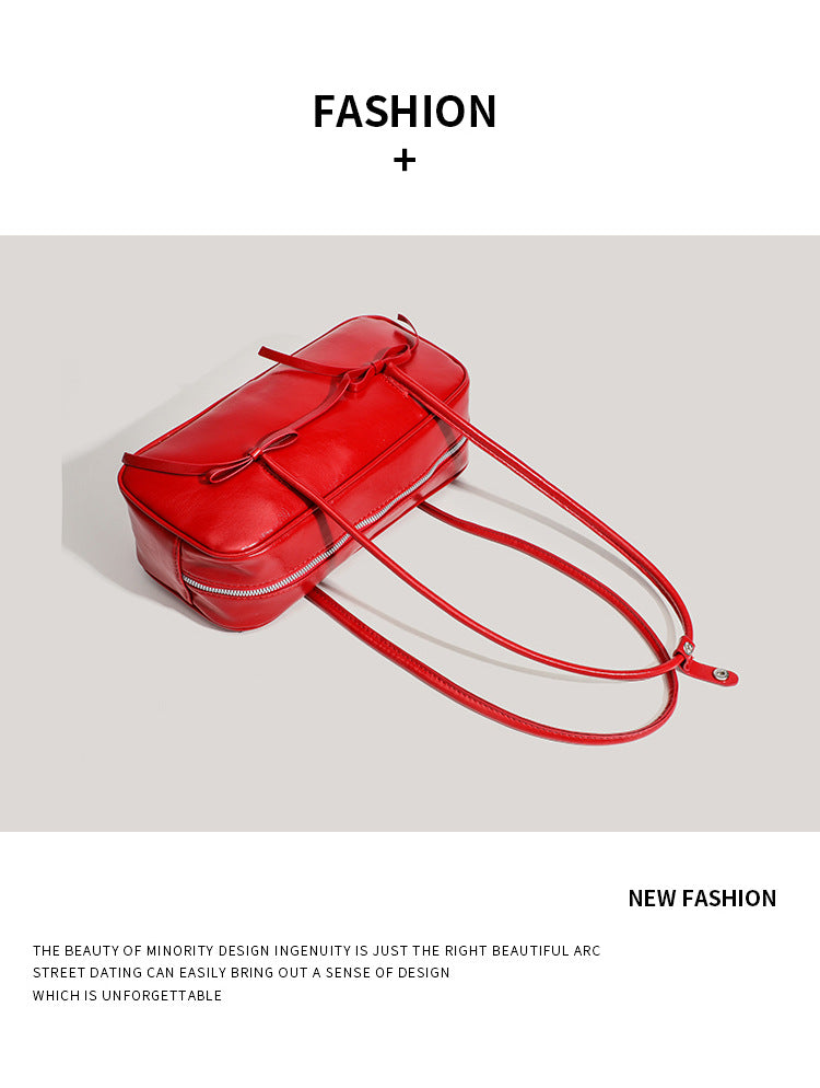 Coffee Chic PU Leather Baguette Shoulder Bag - Elegant Bow Accent