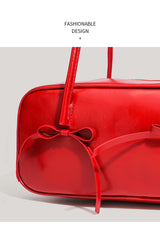 Coffee Chic PU Leather Baguette Shoulder Bag - Elegant Bow Accent