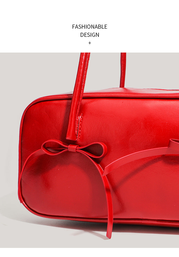 Coffee Chic PU Leather Baguette Shoulder Bag - Elegant Bow Accent
