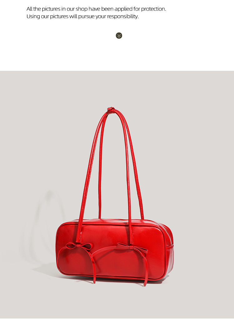 Coffee Chic PU Leather Baguette Shoulder Bag - Elegant Bow Accent
