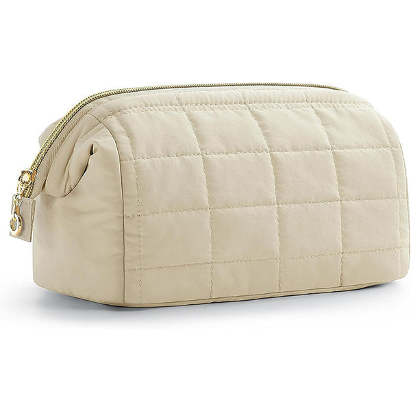 Chic Quilted Puffer Makeup Bag - Large Capacity Travel Cosmetic Organizer - Beige
