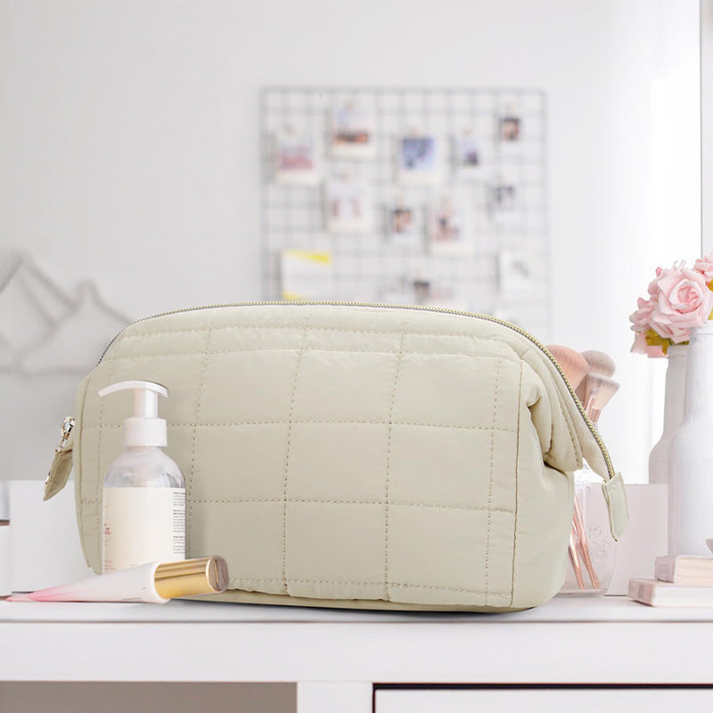 Chic Quilted Puffer Makeup Bag - Large Capacity Travel Cosmetic Organizer - Beige