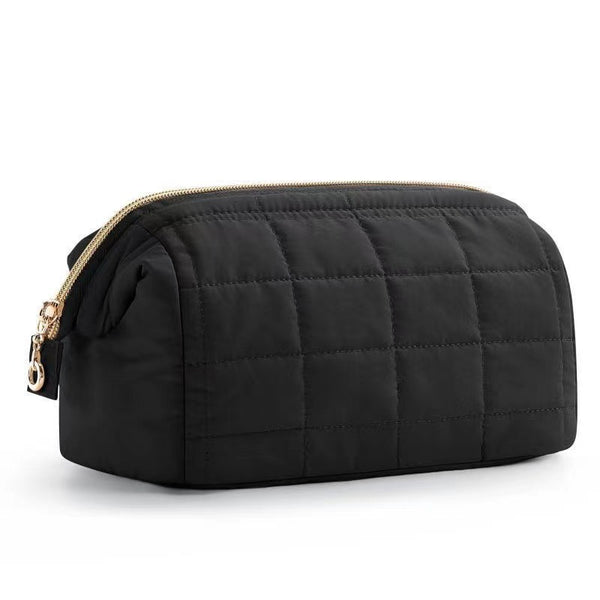 Chic Quilted Puffer Makeup Bag - Large Capacity Travel Cosmetic Organizer - Black