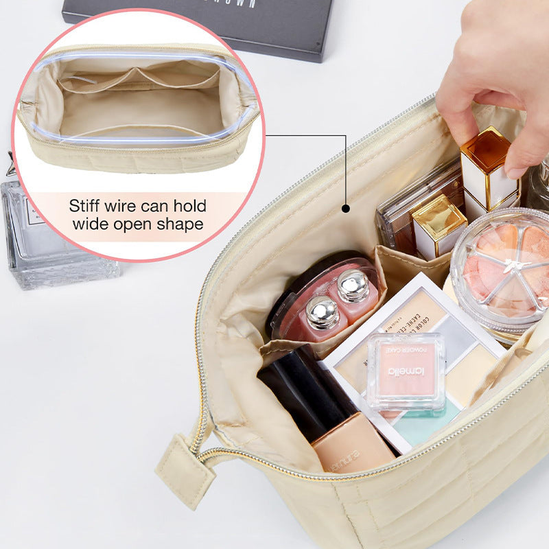 Chic Quilted Puffer Makeup Bag - Large Capacity Travel Cosmetic Organizer - Black