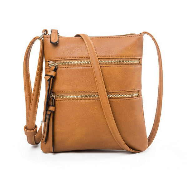 Brown PU Leather Compact Women's Crossbody Bag - Adjustable Strap, Double Zipper Closure