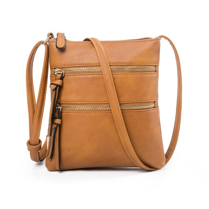 Brown PU Leather Compact Women's Crossbody Bag - Adjustable Strap, Double Zipper Closure