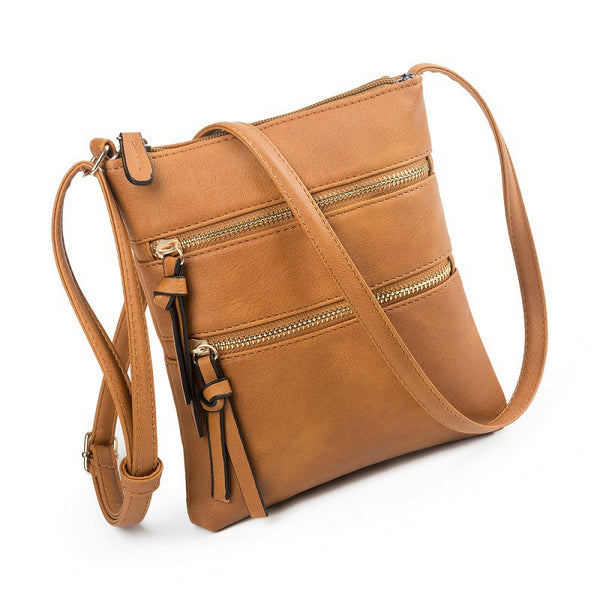 Brown PU Leather Compact Women's Crossbody Bag - Adjustable Strap, Double Zipper Closure