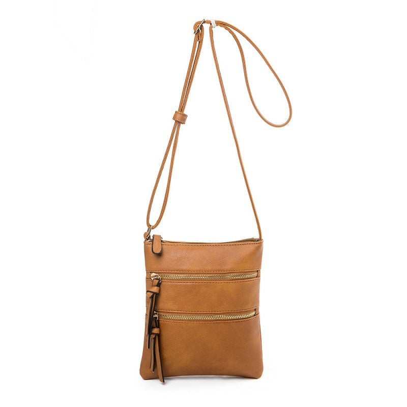 Brown PU Leather Compact Women's Crossbody Bag - Adjustable Strap, Double Zipper Closure