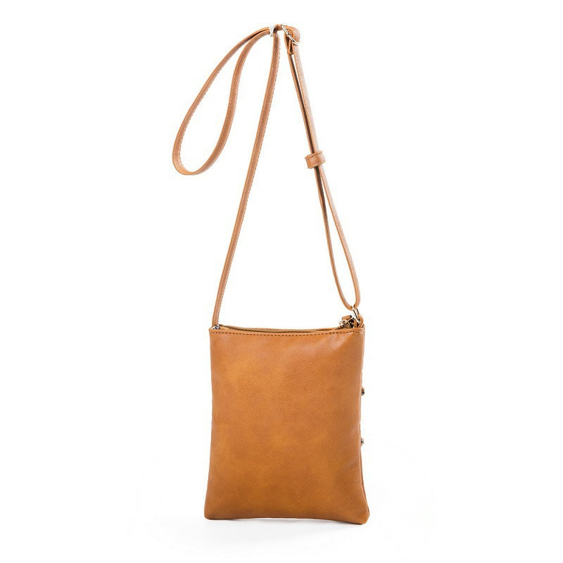 Brown PU Leather Compact Women's Crossbody Bag - Adjustable Strap, Double Zipper Closure