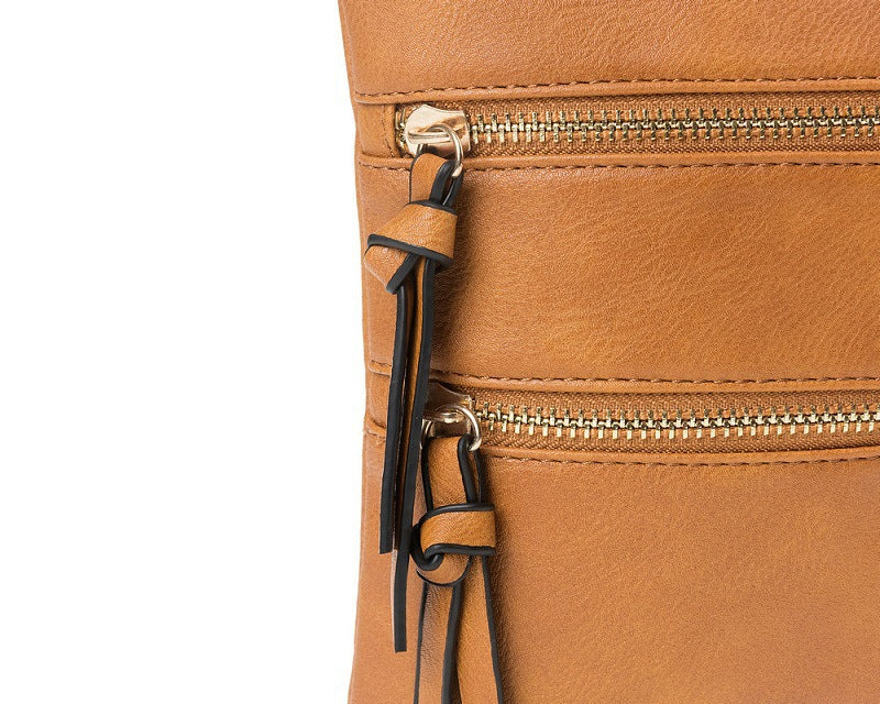 Brown PU Leather Compact Women's Crossbody Bag - Adjustable Strap, Double Zipper Closure
