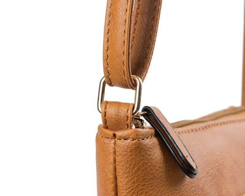 Brown PU Leather Compact Women's Crossbody Bag - Adjustable Strap, Double Zipper Closure