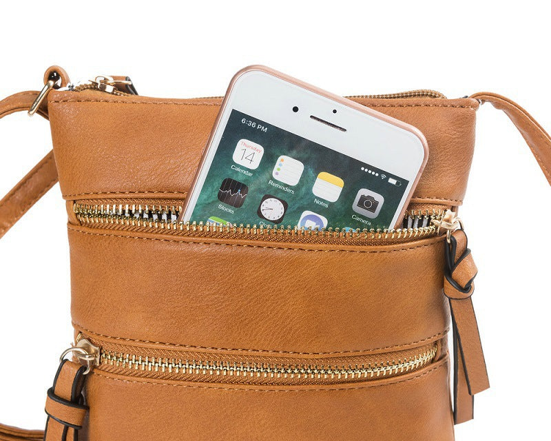 Brown PU Leather Compact Women's Crossbody Bag - Adjustable Strap, Double Zipper Closure