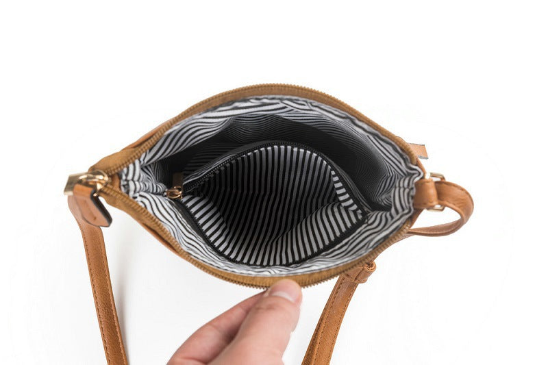 Brown PU Leather Compact Women's Crossbody Bag - Adjustable Strap, Double Zipper Closure