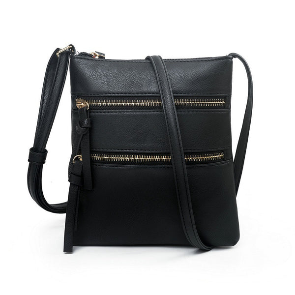 Black PU Leather Compact Women's Crossbody Bag - Adjustable Strap, Double Zipper Closure