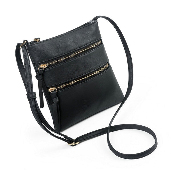 Black PU Leather Compact Women's Crossbody Bag - Adjustable Strap, Double Zipper Closure