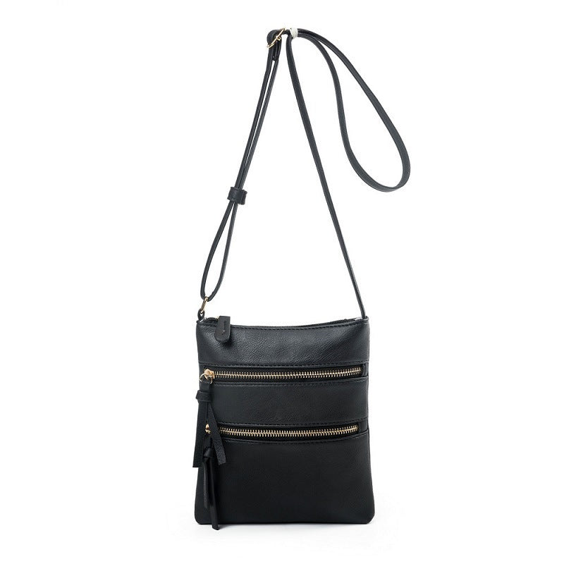 Black PU Leather Compact Women's Crossbody Bag - Adjustable Strap, Double Zipper Closure