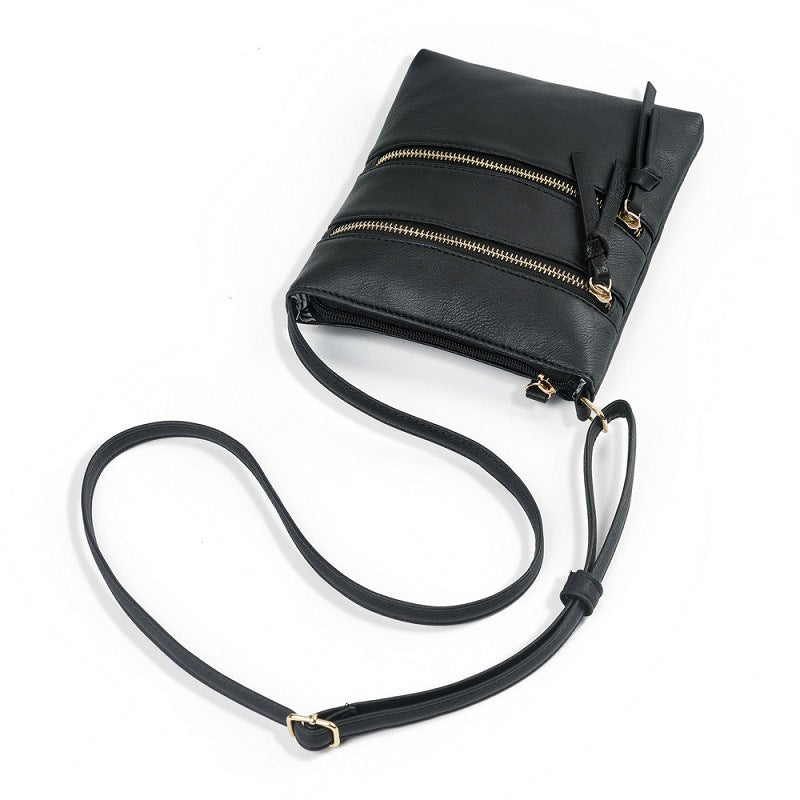 Black PU Leather Compact Women's Crossbody Bag - Adjustable Strap, Double Zipper Closure