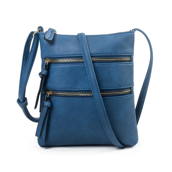 Dark Blue PU Leather Compact Women's Crossbody Bag - Adjustable Strap, Double Zipper Closure