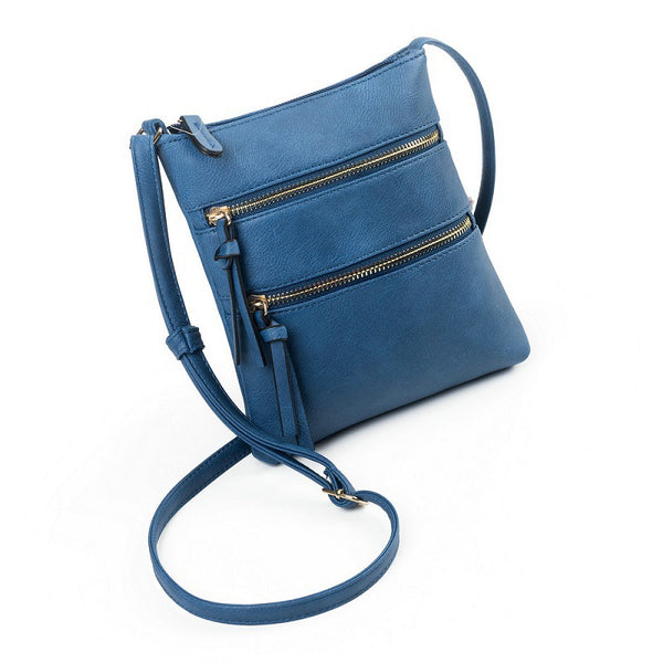 Dark Blue PU Leather Compact Women's Crossbody Bag - Adjustable Strap, Double Zipper Closure