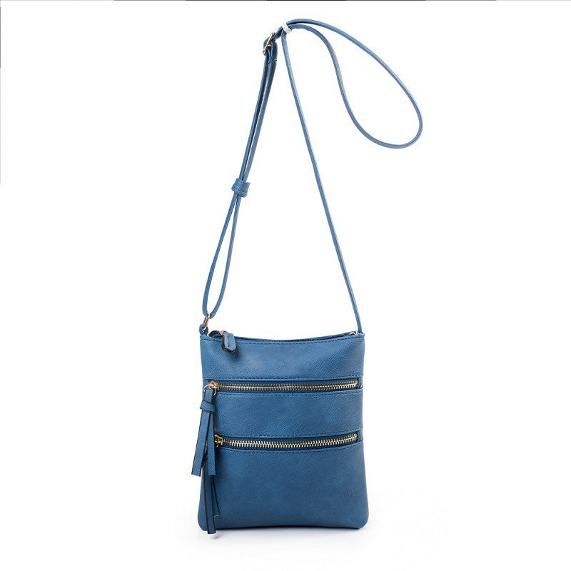 Dark Blue PU Leather Compact Women's Crossbody Bag - Adjustable Strap, Double Zipper Closure