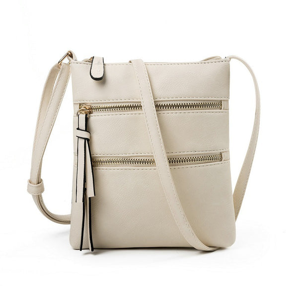 Beige PU Leather Compact Women's Crossbody Bag - Adjustable Strap, Double Zipper Closure