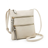 Beige PU Leather Compact Women's Crossbody Bag - Adjustable Strap, Double Zipper Closure