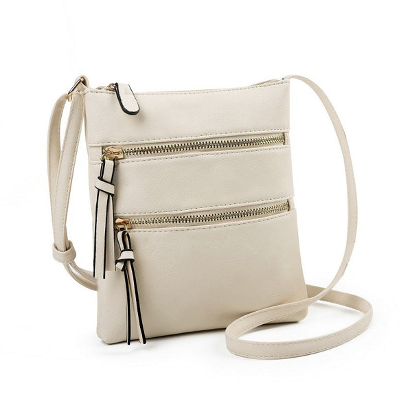 Beige PU Leather Compact Women's Crossbody Bag - Adjustable Strap, Double Zipper Closure