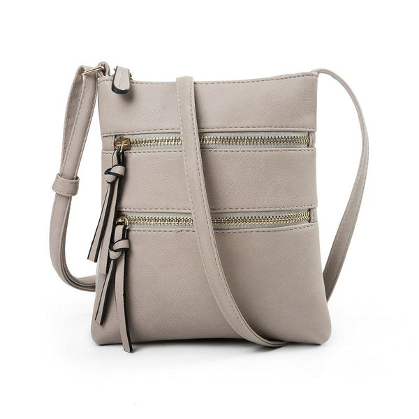 Grey PU Leather Compact Women's Crossbody Bag - Adjustable Strap, Double Zipper Closure