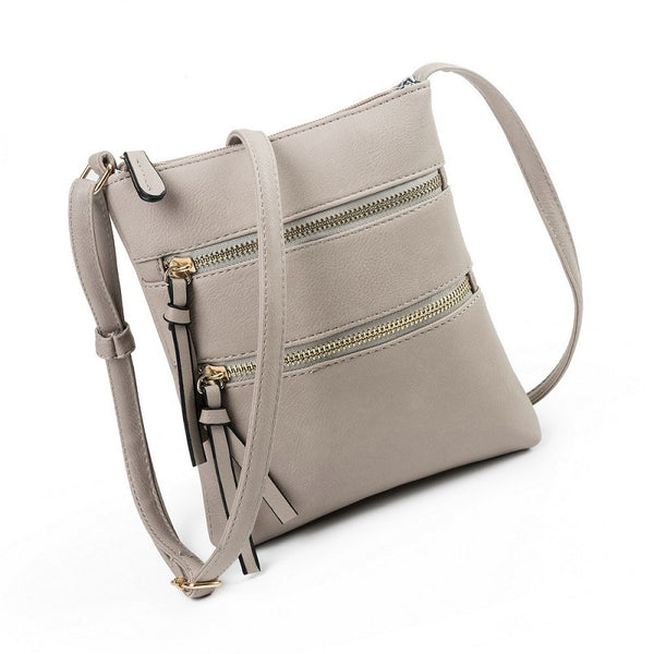 Grey PU Leather Compact Women's Crossbody Bag - Adjustable Strap, Double Zipper Closure